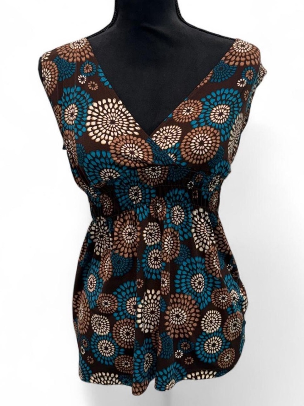 Y2K Brown Teal Floral Babydoll Top Size Large Boho Retro Tank - Picture 1 of 7